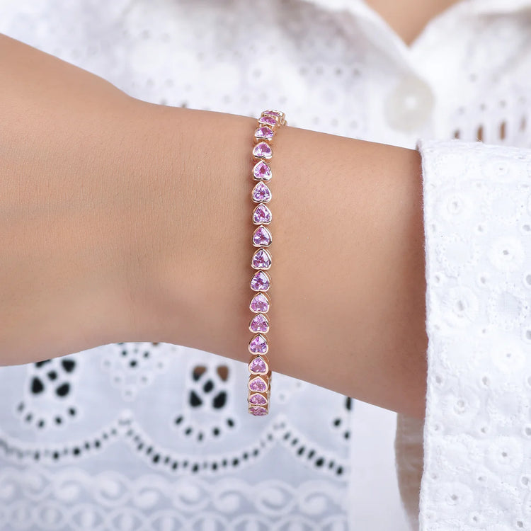 Pink Sapphire Bezel Set Heart Tennis Bracelet