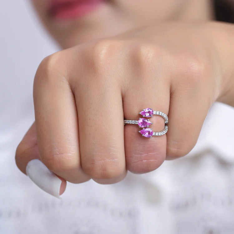 Pink Sapphire Diamond Three Pear Ring