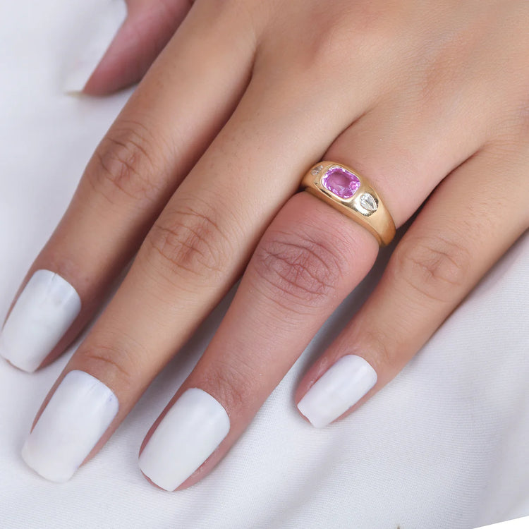 Pink Sapphire Emerald Cut Diamond Chunky Ring