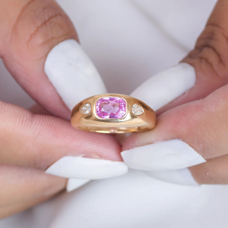 Pink Sapphire Emerald Cut Diamond Chunky Ring