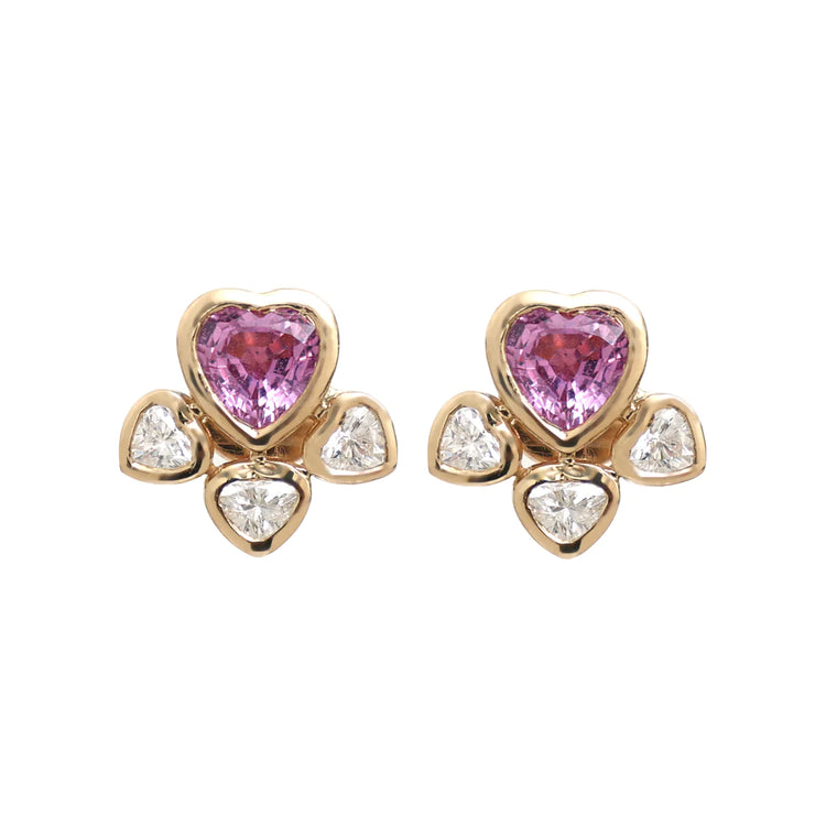 Pink Sapphire Heart and Diamond Stud Earrings