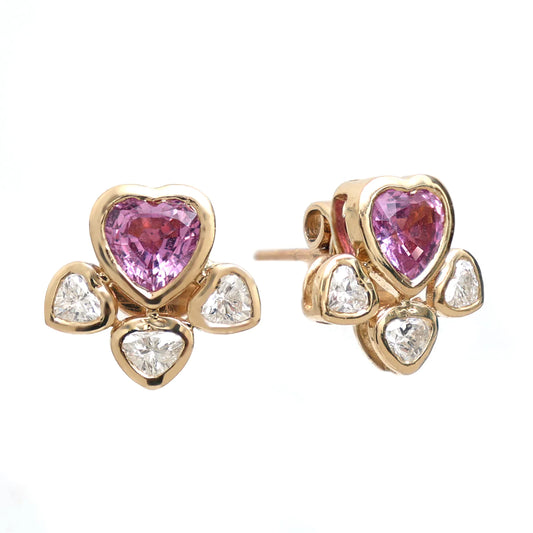 Pink Sapphire Heart and Diamond Stud Earrings