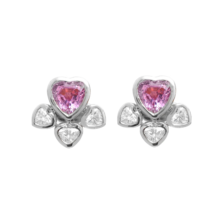 Pink Sapphire Heart and Diamond Stud Earrings