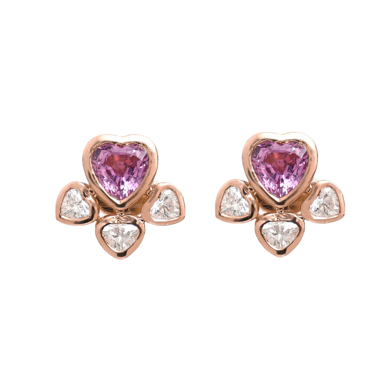 Pink Sapphire Heart and Diamond Stud Earrings