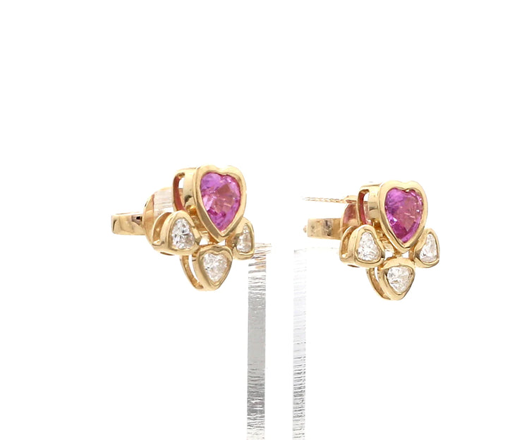 Pink Sapphire Heart and Diamond Stud Earrings