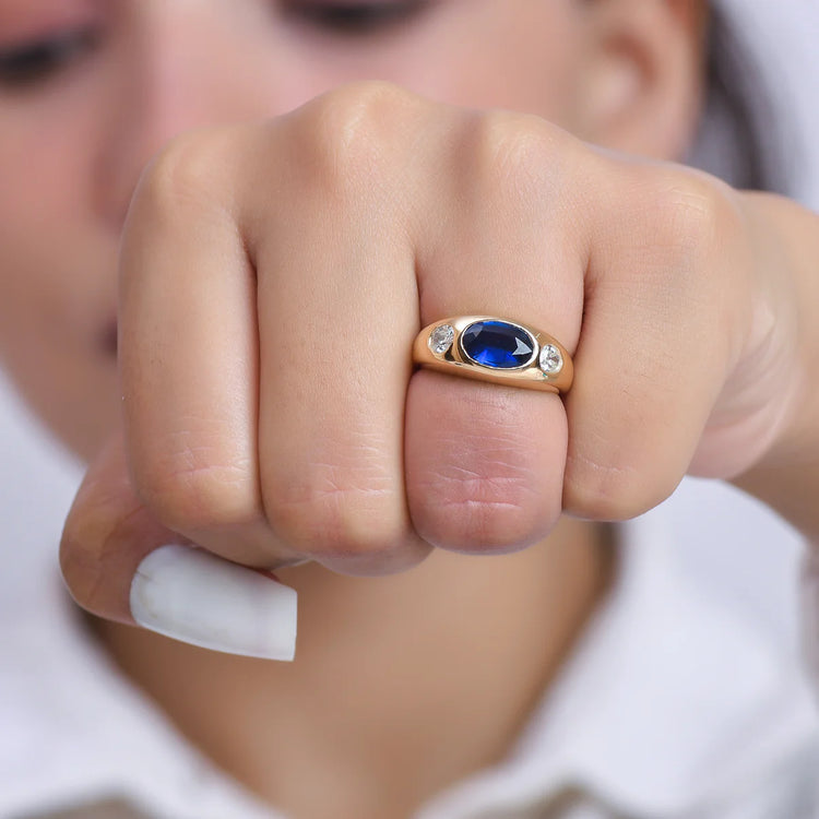 Blue Sapphire Oval Diamond Chunky Dome