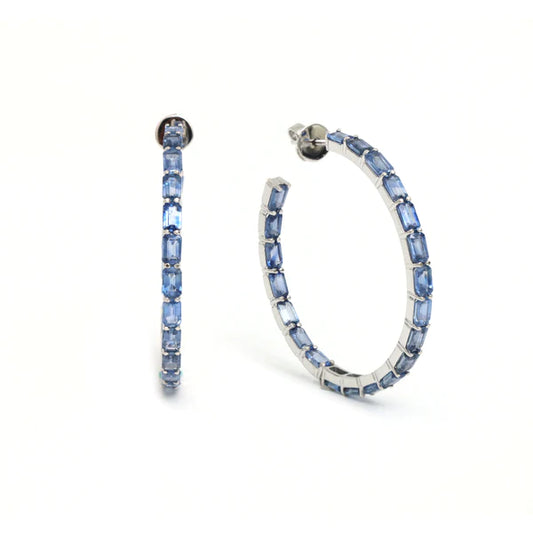 Blue Sapphire Emerald Cut Hoop Earrings