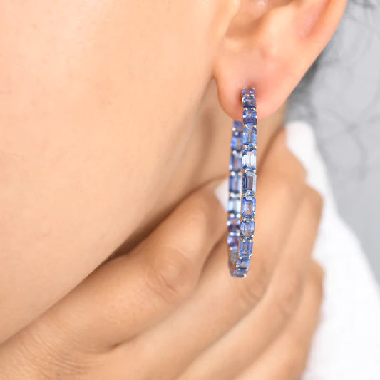 Blue Sapphire Emerald Cut Hoop Earrings