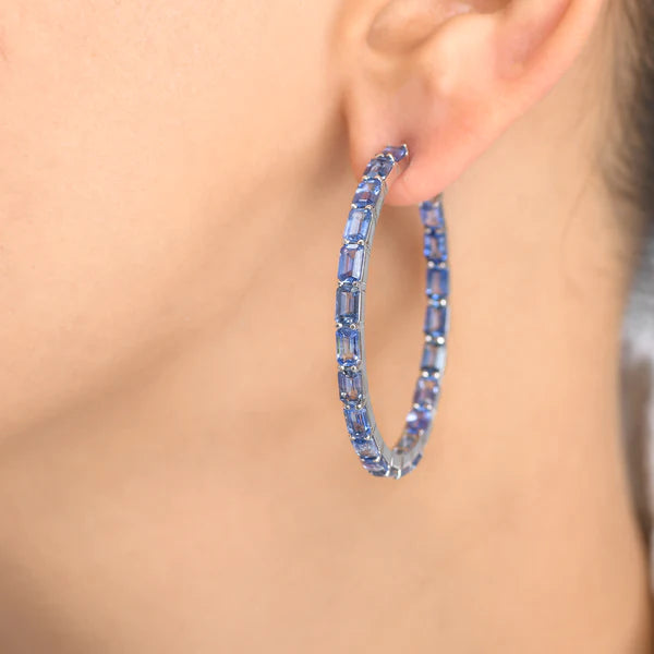 Blue Sapphire Emerald Cut Hoop Earrings