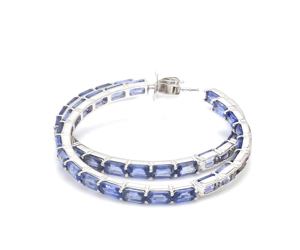 Blue Sapphire Emerald Cut Hoop Earrings