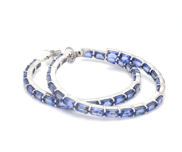 Blue Sapphire Emerald Cut Hoop Earrings