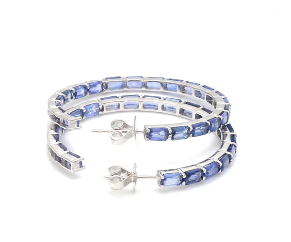 Blue Sapphire Emerald Cut Hoop Earrings