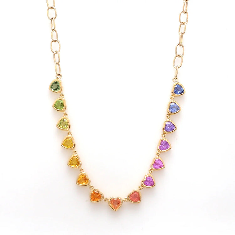 Rainbow Sapphire Heart Bezel Set Necklace